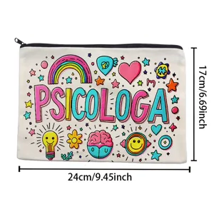 Detailed view of a colorful canvas pencil pouch featuring cute doodles and clear dimensions.