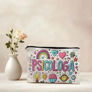 Canvas makeup pouch and pencil case featuring colorful psikologa doodle design detail view.