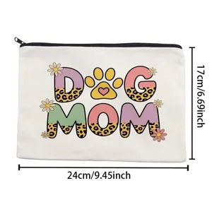 Canvas zipper pouch detail showing dog mom print and dimensions for makeup or stationary use.