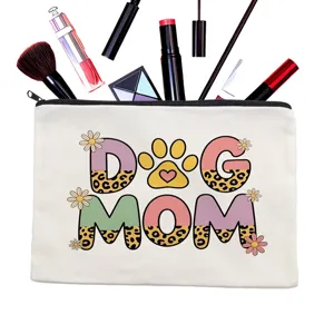 Canvas makeup bag with retro dog mom letter print, cute cosmetic pouch for women and daily use.