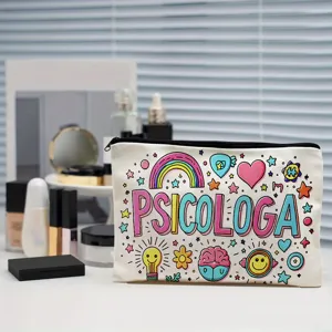 Canvas makeup bag with cute psychological doodle print, zipper storage pouch for daily use.