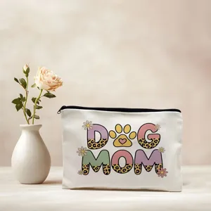 Canvas makeup bag pencil case with retro dog mom print design, ideal daily storage pouch.
