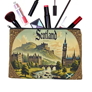 Canvas makeup pouch vintage Scotland landscape zipper pencil case multi-purpose storage bag.