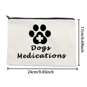Detail view of white canvas zipper pouch with pet medical paw print design and clear sizing.
