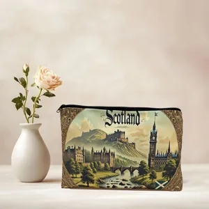 Vintage Scotland castle print canvas pencil case and cosmetic makeup storage pouch bag.