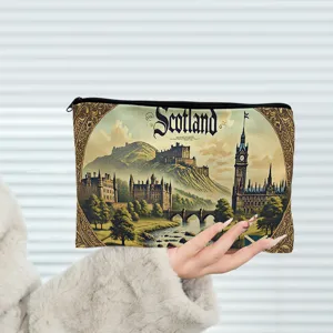 Vintage Scotland landscape canvas pencil case zipper stationery storage pouch aesthetic design.