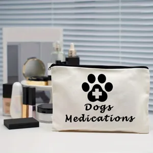 Canvas zipper cosmetic pouch with dog medication paw print design for daily pet storage.