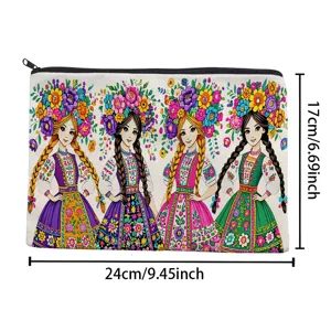 Canvas pencil case and cosmetic storage bag with colorful folk girls floral print 24x17cm