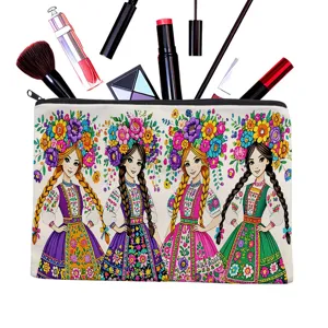 Canvas pencil pouch makeup bag with cute floral folk art girls illustration for daily use.