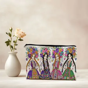 Canvas pencil case with charming folk girl illustrations, perfect for daily stationery storage.