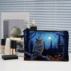 Trousse de maquillage en polyester avec motif hibou, grande capacité de voyage sac.