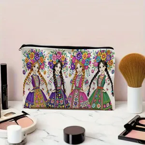 Canvas cosmetic pouch with folk art floral girls illustration, versatile makeup storage bag.