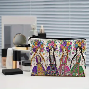 Canvas cosmetic bag pencil pouch multi-purpose storage case with floral folk girls print