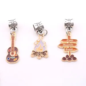 DIY enamel alloy charms pendant set featuring guitar camp sign and campfire for jewelry making.