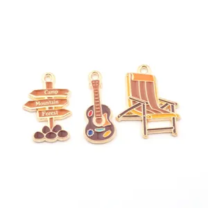 Enamel alloy charms set featuring camping sign, guitar and beach chair design for DIY crafts.