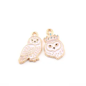 Cute enamel owl charms with gold-toned metal finish, perfect for DIY jewelry making and pendants.