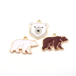 Gold rim metal enamel bear charms set, cute DIY pendants for jewelry making details.