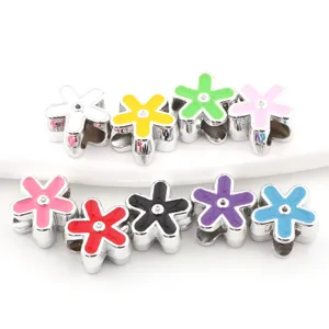 Colorful flower charm beads bulk DIY jewelry making accessories silver tone metal finish.