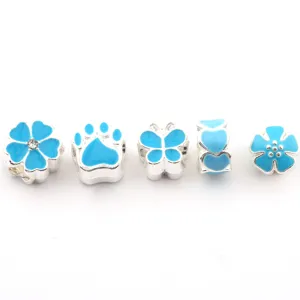 Silver enamel DIY large hole charm beads set featuring blue flowers, paws, and butterflies.
