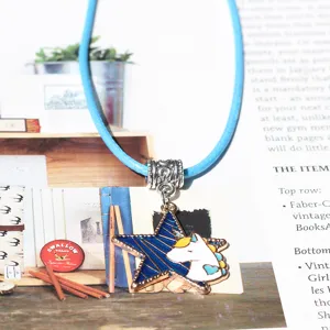 Blue wax cord necklace with a cute star unicorn enamel pendant for women and girls daily wear.