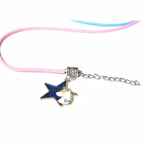 Detail view of pink wax cord necklace with cute star unicorn pendant and 5mm hole size.