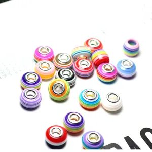 Colorful striped rainbow resin large hole beads for DIY charm bracelets and jewelry making.