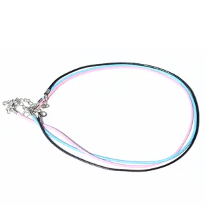 Detailed view of colorful 2mm wax cord necklaces with silver lobster clasps for DIY crafts.