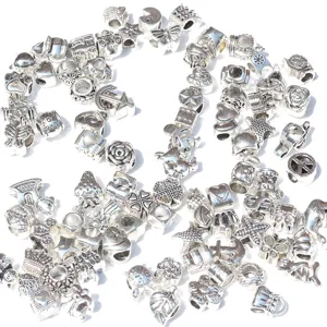 Silver alloy charm beads bulk set for DIY European bracelets and handmade jewelry findings