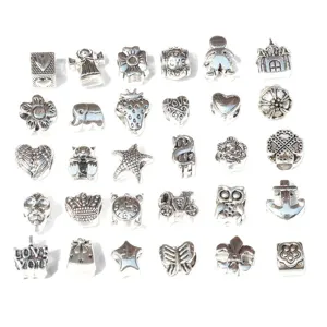 Silver alloy DIY European charm beads, diverse shapes for custom bracelets and jewelry making.
