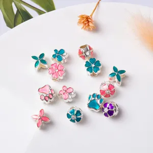 DIY enamel charm beads silver plated large hole beads floral paw jewelry making sets