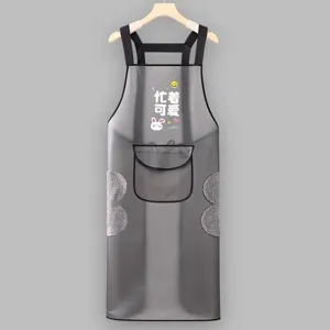 Waterproof TPU kitchen apron detail view, greaseproof material with wiping towels and handy front pocket.