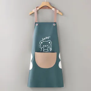 Waterproof kitchen apron detail, wipe-hand towel design, cute cartoon bear print, oil-proof work bib.