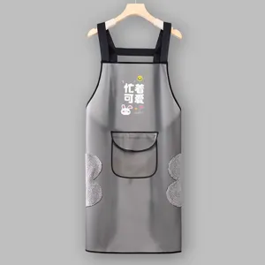 Detail view of the waterproof TPU kitchen apron with side towels and front pocket.