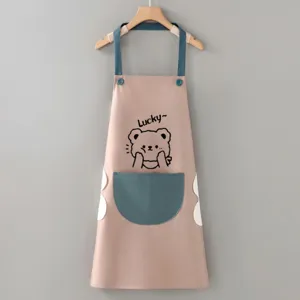 Cute waterproof kitchen apron with bear print pocket and wipeable hand towels for cooking.