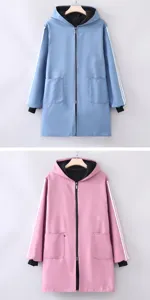 Long sleeve hooded waterproof kitchen smock apron with front zipper and dual side storage pockets.