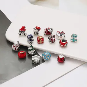 Christmas DIY Beaded Jewelry Accessories Alloy Drip Oil Santa Snowman Gift Box Charms Large Hole Beads For Bracelet Making