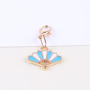 Gold alloy lobster clasp charm with blue white enamel folding fan pendant for DIY jewelry making.