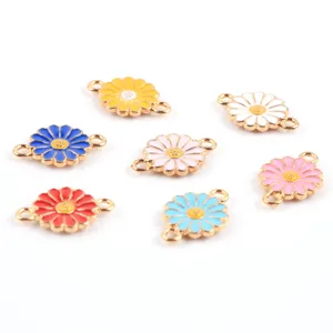 DIY Small Daisy Flower Alloy Oil Drip Charm Double Hanging Pendant For Bracelet Necklace Jewelry Making Accessories