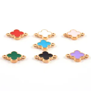 Detailed shot of double-sided four-leaf clover enamel alloy jewelry connectors in multi colors.