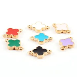 Details of DIY double-sided four-leaf clover enamel alloy jewelry connector charms pendants.
