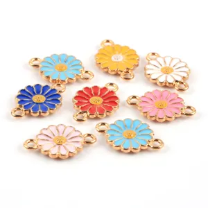DIY enamel daisy flower double loop charm alloy jewelry pendant for bracelet necklace crafting.