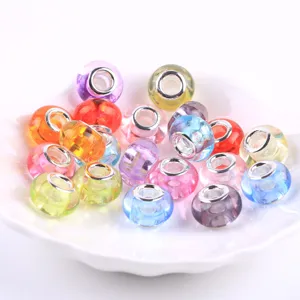 Colorful large hole acrylic beads with silver core for DIY charm bracelets and jewelry making.
