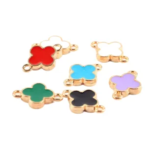Colorful enamel four leaf clover jewelry connectors with double loops for DIY bracelets necklaces.