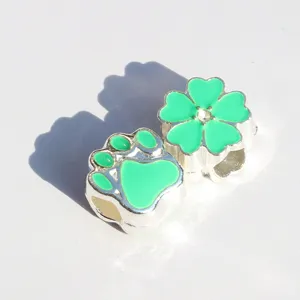 DIY green enamel clover and paw charm beads, metal large hole European bracelet charms.