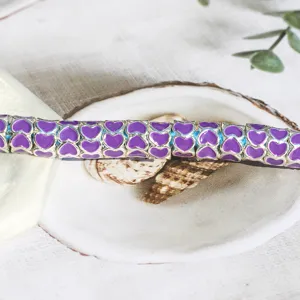 Purple enamel heart charm bead for DIY jewelry making, alloy large hole bead detail view.