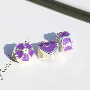 DIY purple enamel alloy charm beads, large hole beads for custom bracelets and jewelry making.