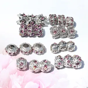 DIY Legierung Große Loch Charm Perlen mit lila Strass für Armband Schmuckherstellung.