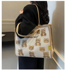 Sac cabas en toile automne hiver imprimé ours mignon grande capacité sac à main décontracté