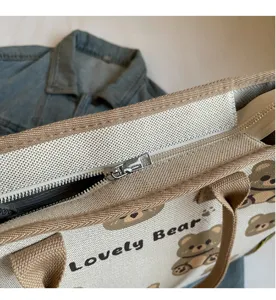 Sac cabas en toile avec imprime d'ours mignon, sac a main decontracte pour les voyages.