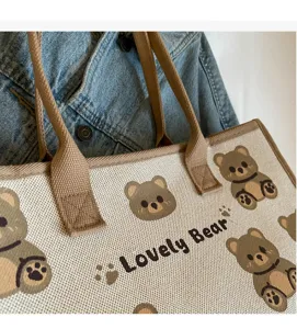 Sac cabas en toile mignon avec imprimé d'ours brun et bretelles pour un usage quotidien.